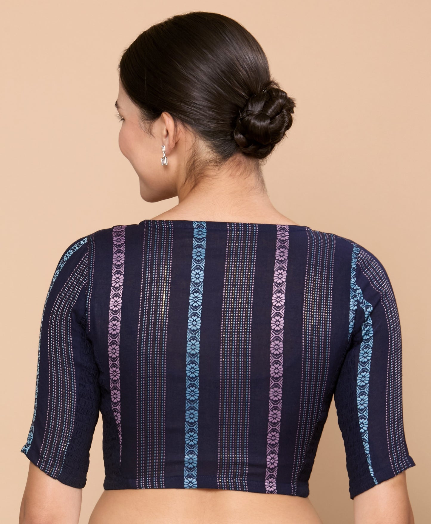 Studio Shringaar Women's Navy Blue Cotton Handloom Dobby Stretchable (Smocked) Saree Blouse (Design 2862)