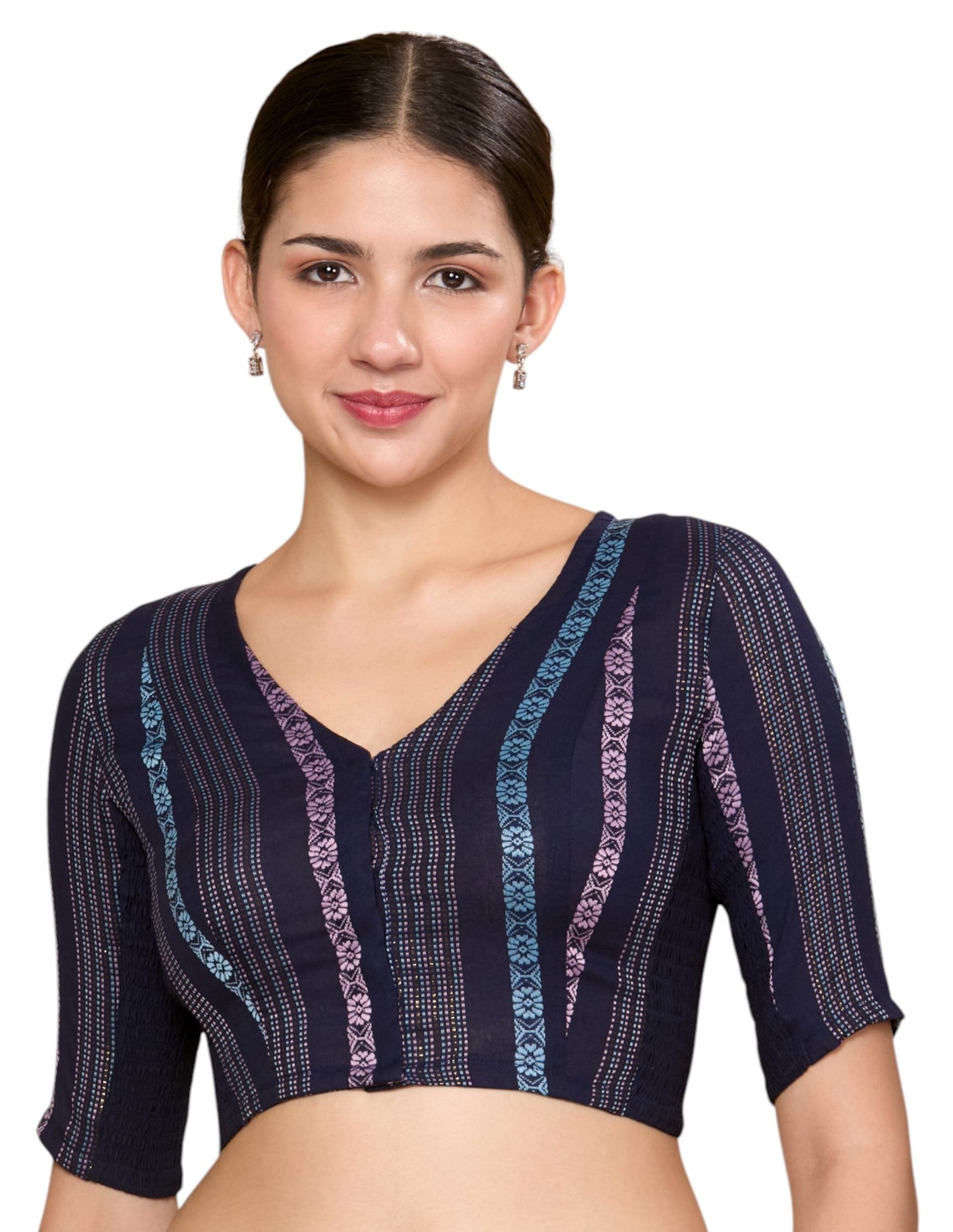 Studio Shringaar Women's Navy Blue Cotton Handloom Dobby Stretchable (Smocked) Saree Blouse (Design 2862)