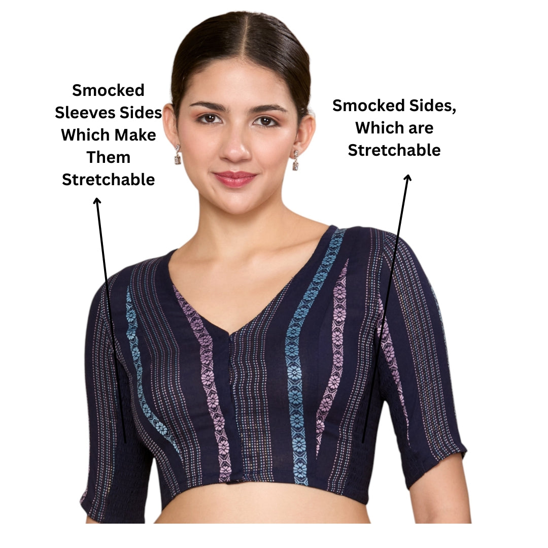 Studio Shringaar Women's Navy Blue Cotton Handloom Dobby Stretchable (Smocked) Saree Blouse (Design 2862)