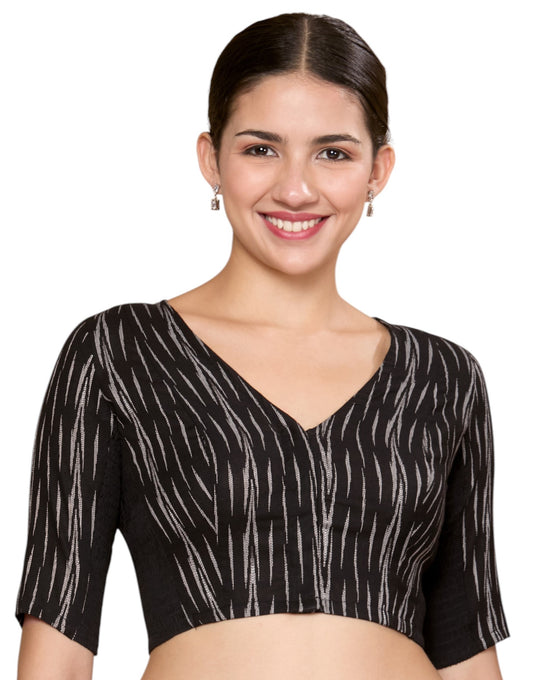 Studio Shringaar Women's Black Cotton Ikat Stretchable (Smocked) Readymade Saree Blouse (Design 2863)