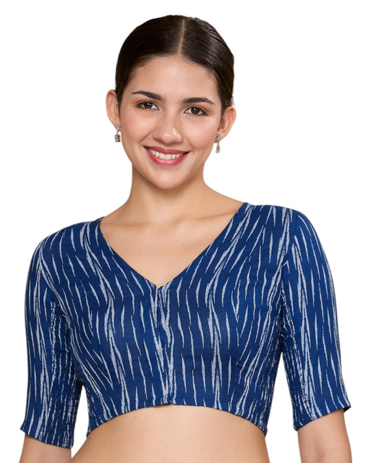 Studio Shringaar Women's Blue Cotton Ikat Stretchable (Smocked) Readymade Saree Blouse(Design 2864)