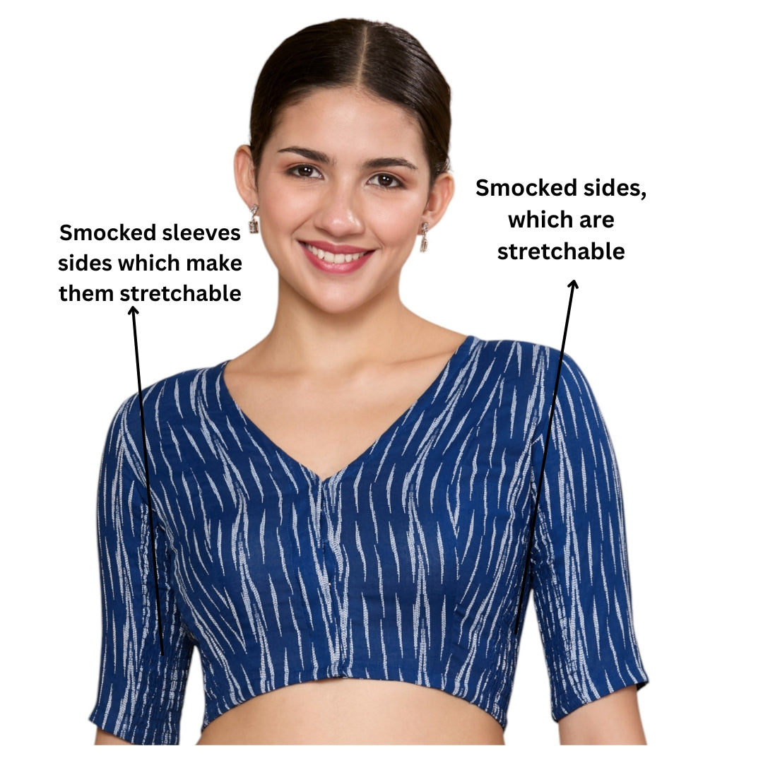 Studio Shringaar Women's Blue Cotton Ikat Stretchable (Smocked) Readymade Saree Blouse(Design 2864)