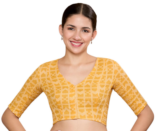 Studio Shringaar Women's Yellow Cotton Handloom Stretchable (Smocked) Readymade Saree Blouse (Design 2865)