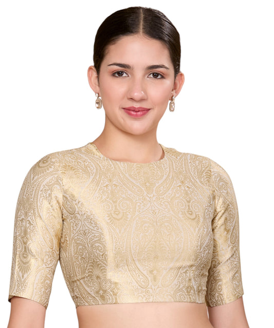 Studio Shringaar Women's Cream Silky Brocade Jewel Neck Readymade Saree Blouse (Design 2867)