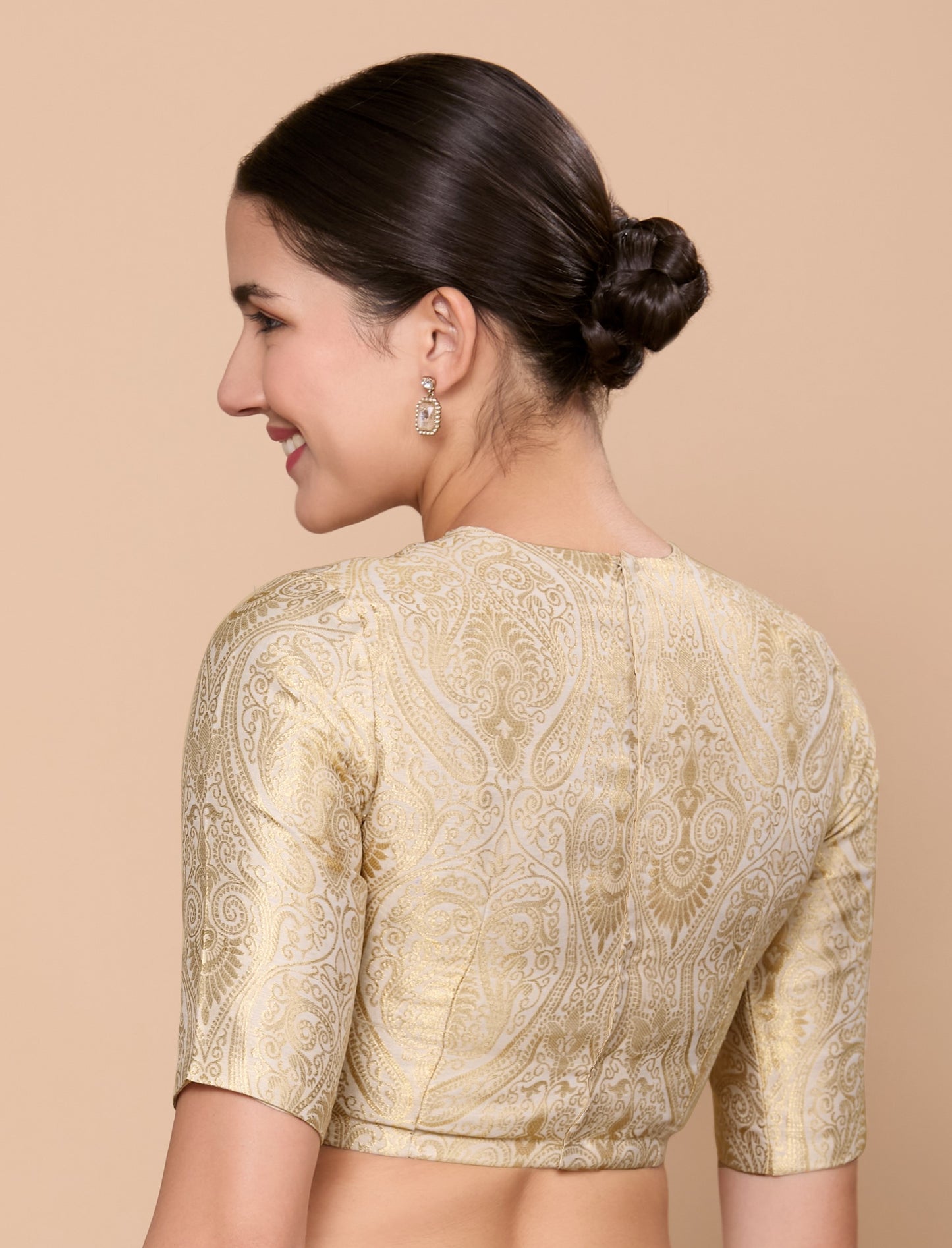 Studio Shringaar Women's Cream Silky Brocade Jewel Neck Readymade Saree Blouse (Design 2867)