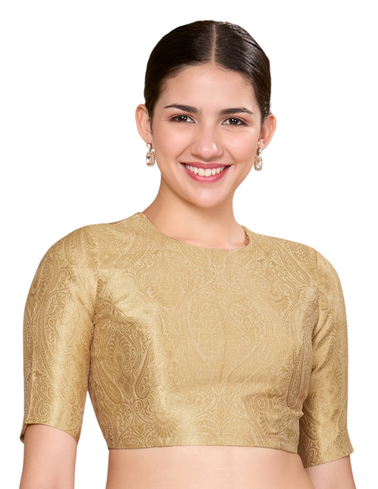 Studio Shringaar Women's Gold Silky Brocade Jewel Neck Readymade Saree Blouse (Design 2867)