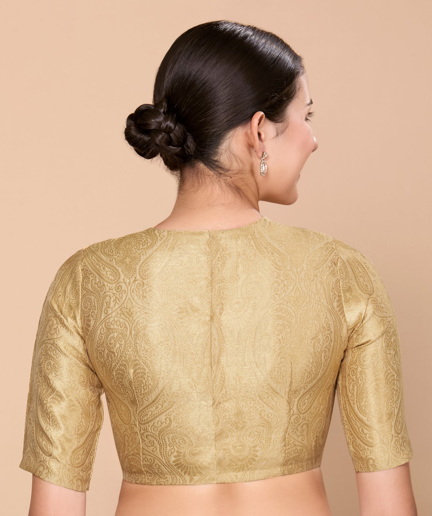 Studio Shringaar Women's Gold Silky Brocade Jewel Neck Readymade Saree Blouse (Design 2867)