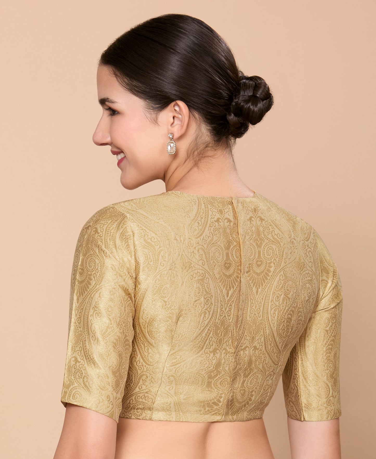 Studio Shringaar Women's Gold Silky Brocade Jewel Neck Readymade Saree Blouse (Design 2867)