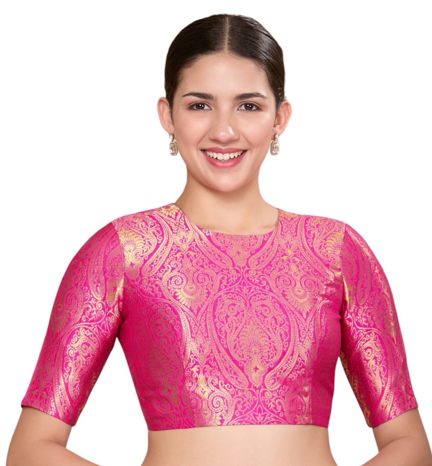 Studio Shringaar Women's Pink Silky Brocade Jewel Neck Readymade Saree Blouse (Design 2867)