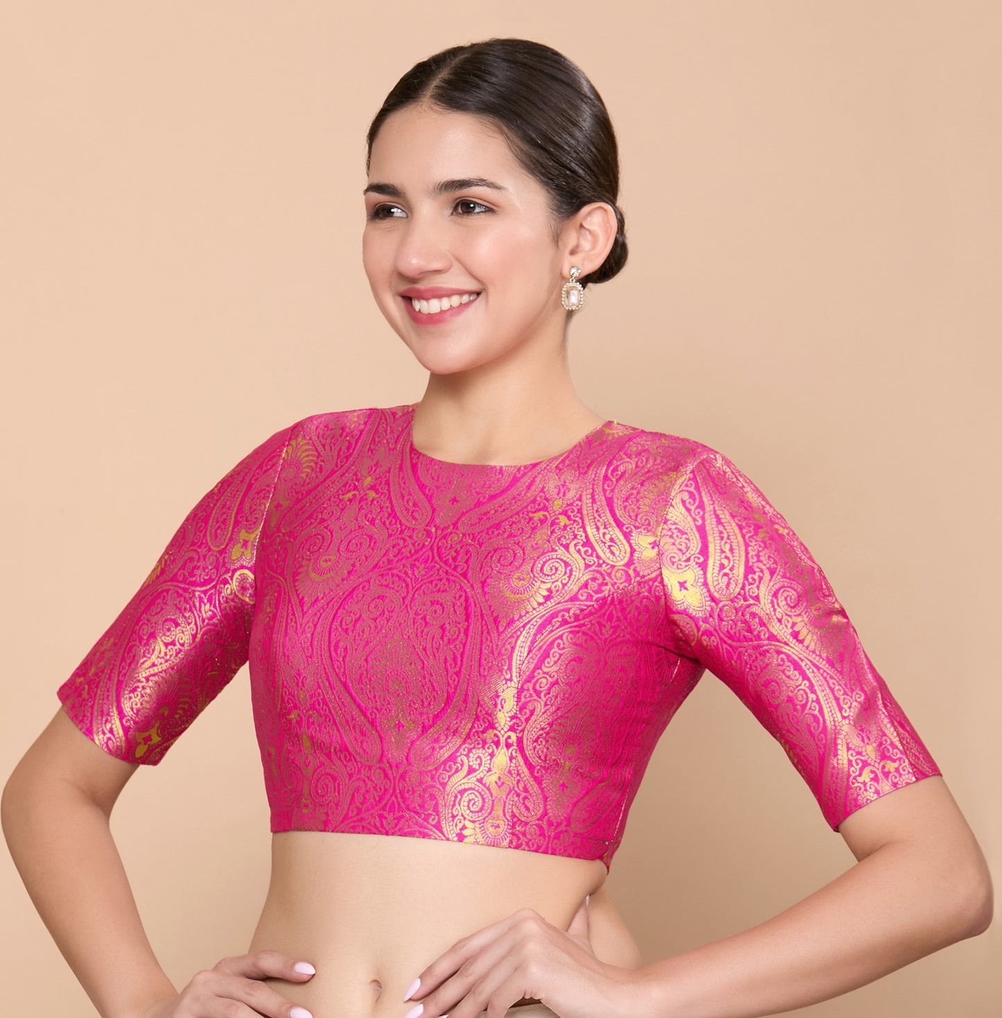 Studio Shringaar Women's Pink Silky Brocade Jewel Neck Readymade Saree Blouse (Design 2867)