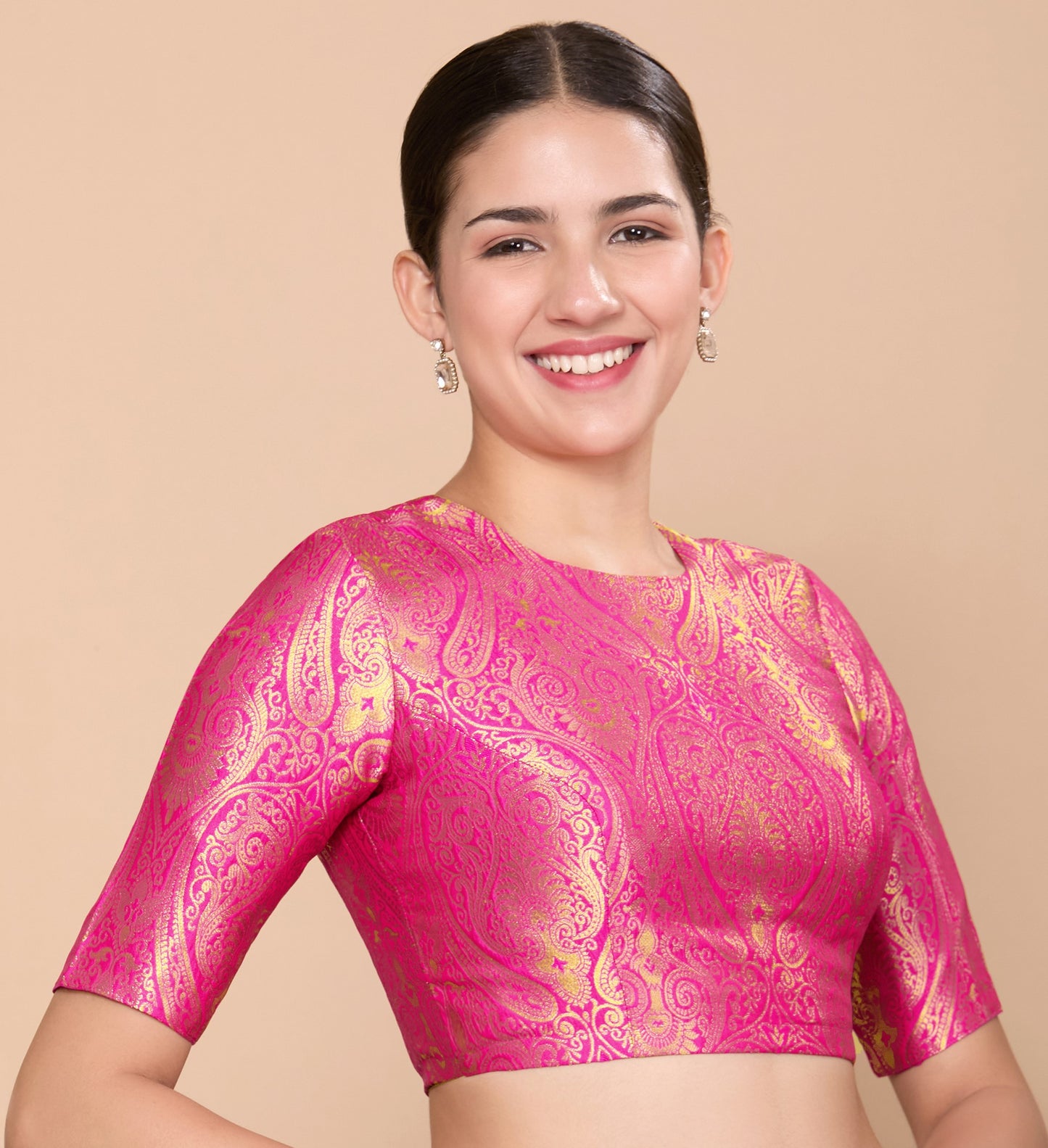 Studio Shringaar Women's Pink Silky Brocade Jewel Neck Readymade Saree Blouse (Design 2867)