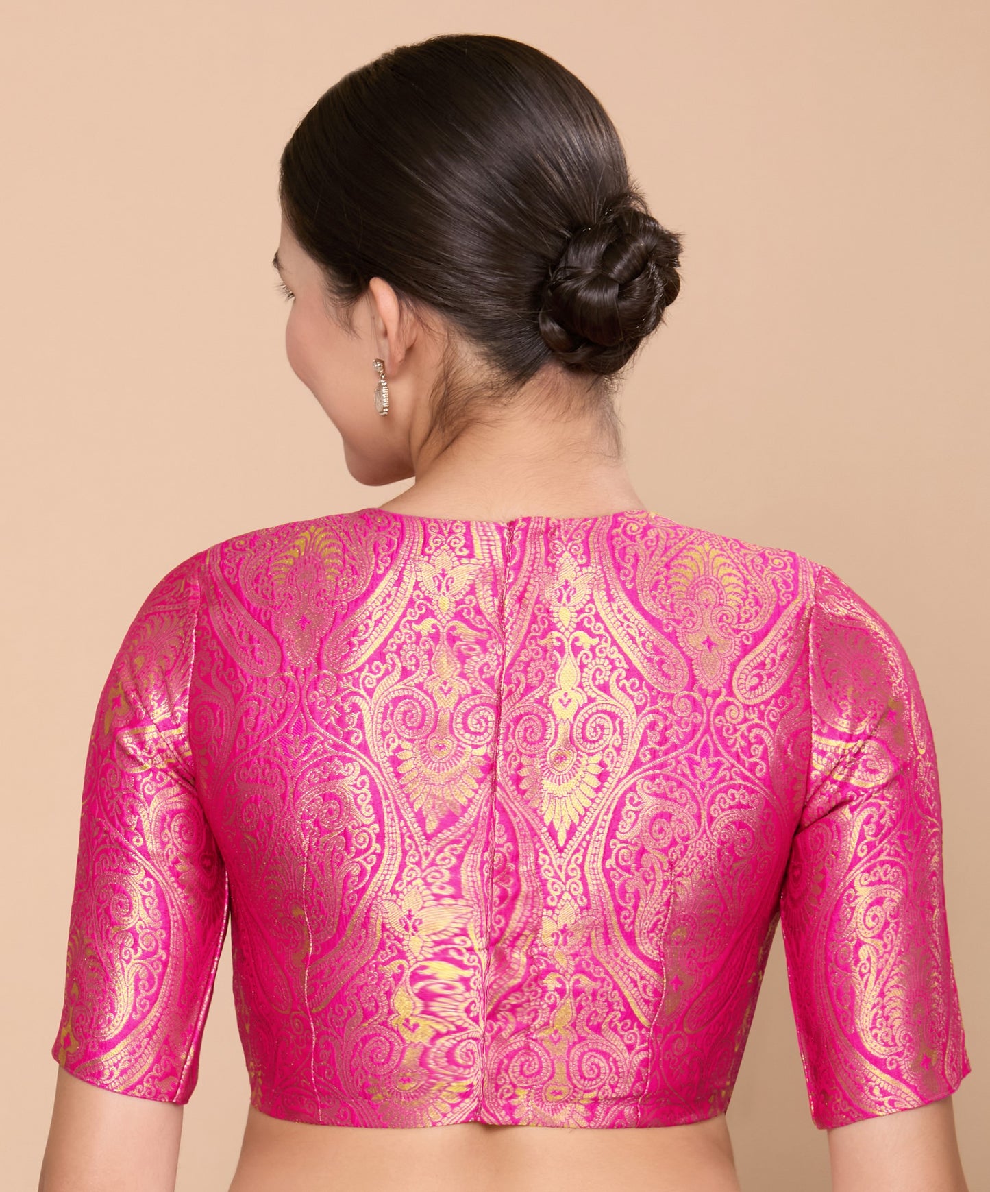 Studio Shringaar Women's Pink Silky Brocade Jewel Neck Readymade Saree Blouse (Design 2867)