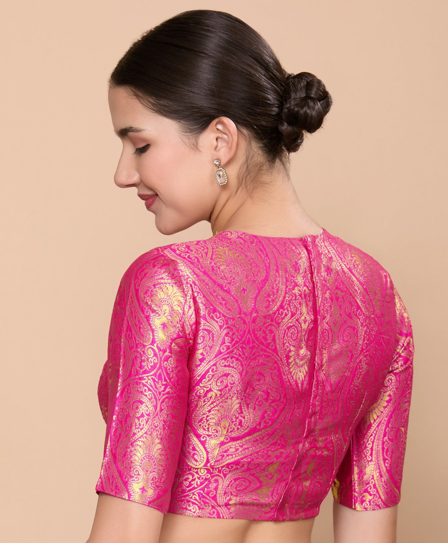Studio Shringaar Women's Pink Silky Brocade Jewel Neck Readymade Saree Blouse (Design 2867)