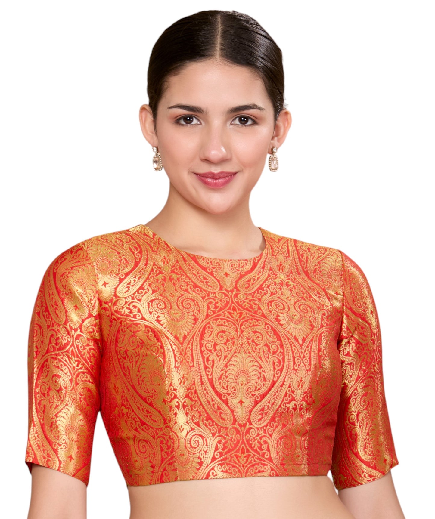 Studio Shringaar Women's Red Silky Brocade Jewel Neck Readymade Saree Blouse (Design 2867)