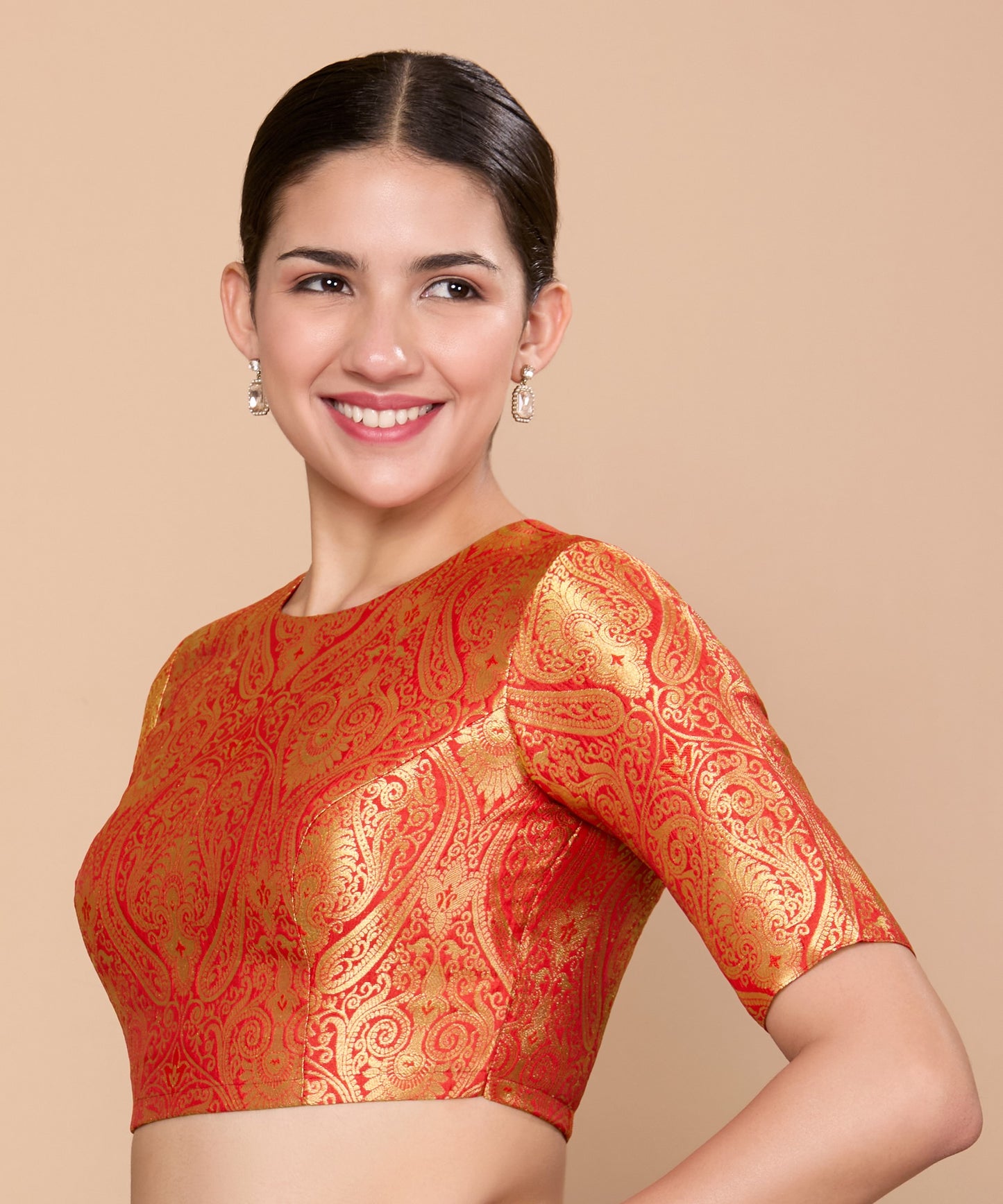 Studio Shringaar Women's Red Silky Brocade Jewel Neck Readymade Saree Blouse (Design 2867)