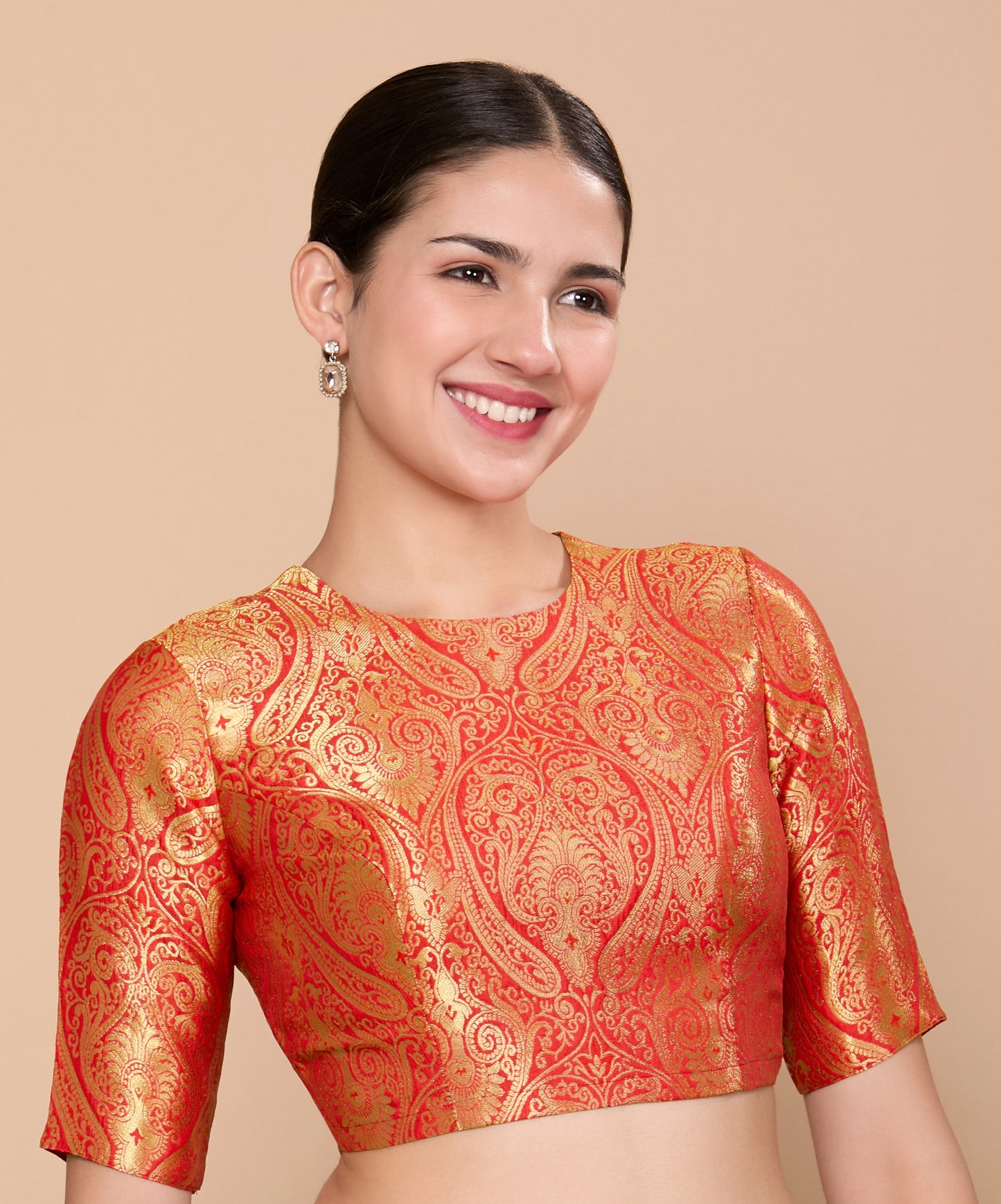 Studio Shringaar Women's Red Silky Brocade Jewel Neck Readymade Saree Blouse (Design 2867)