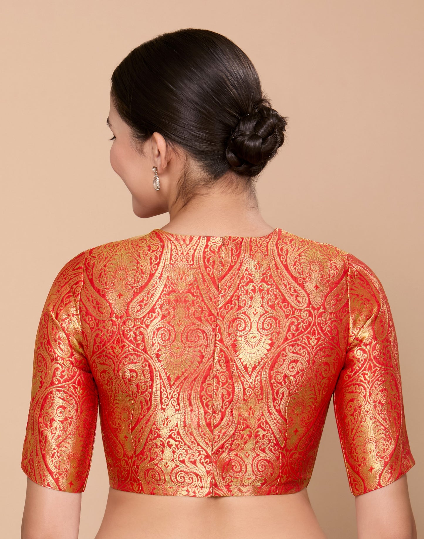 Studio Shringaar Women's Red Silky Brocade Jewel Neck Readymade Saree Blouse (Design 2867)