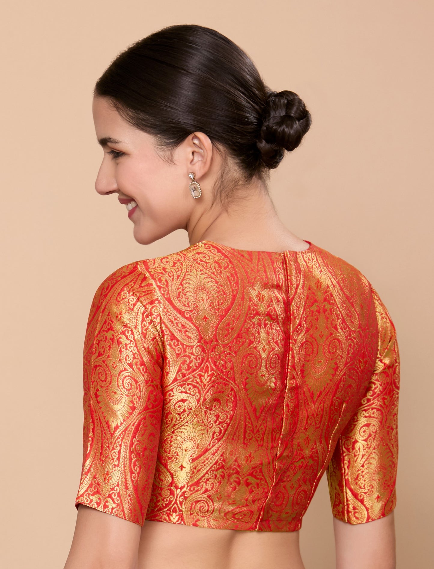 Studio Shringaar Women's Red Silky Brocade Jewel Neck Readymade Saree Blouse (Design 2867)