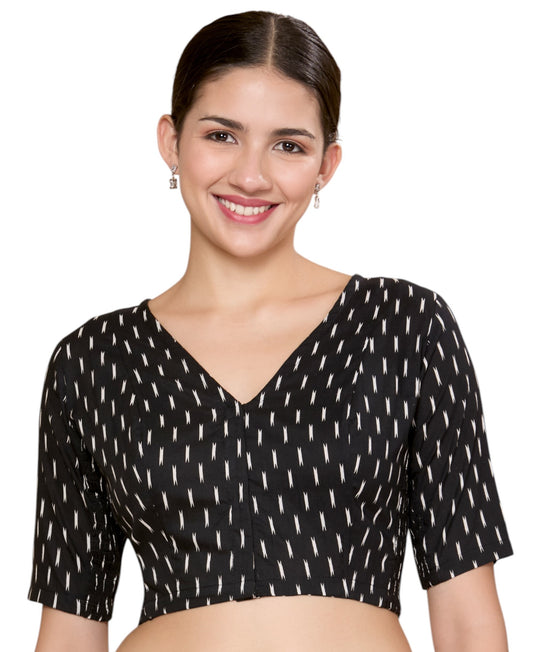 Studio Shringaar Women's Black Cotton Ikat Print Stretchable (Smocked) Saree Blouse (Design 2868)