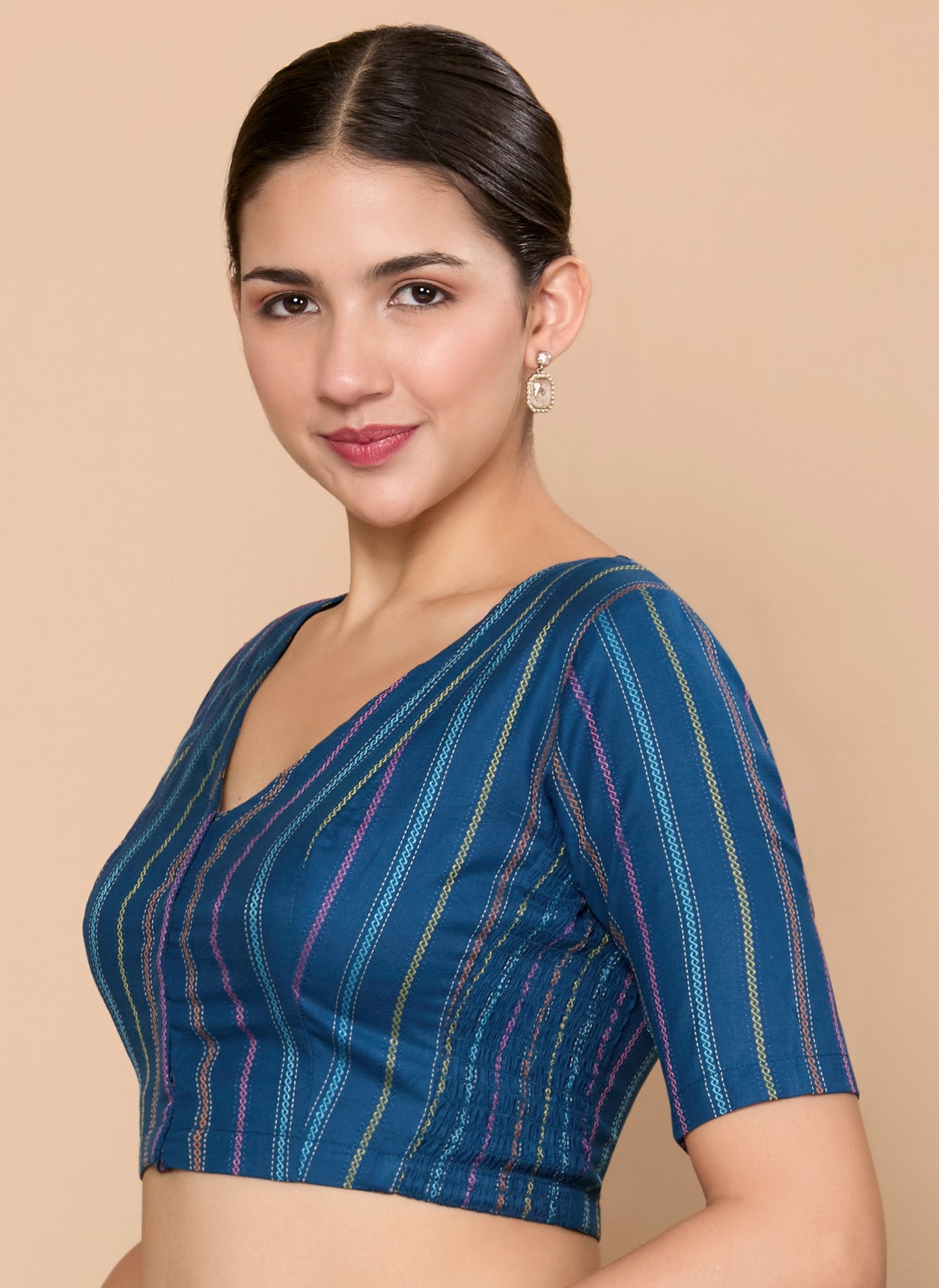 Studio Shringaar Women's Blue Cotton Handloom Stretchable (Smocked) Readymade Saree Blouse(Design 2869)