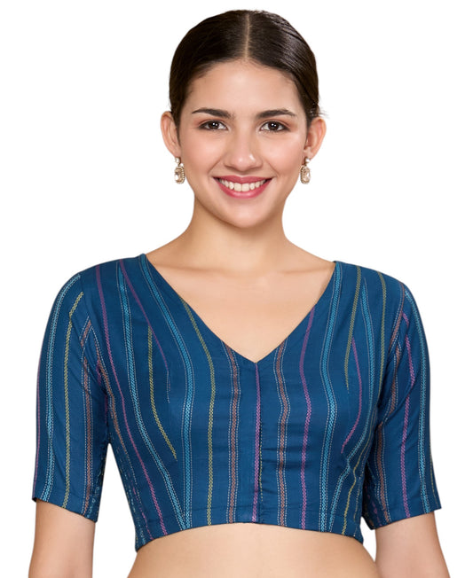 Studio Shringaar Women's Blue Cotton Handloom Stretchable (Smocked) Readymade Saree Blouse(Design 2869)