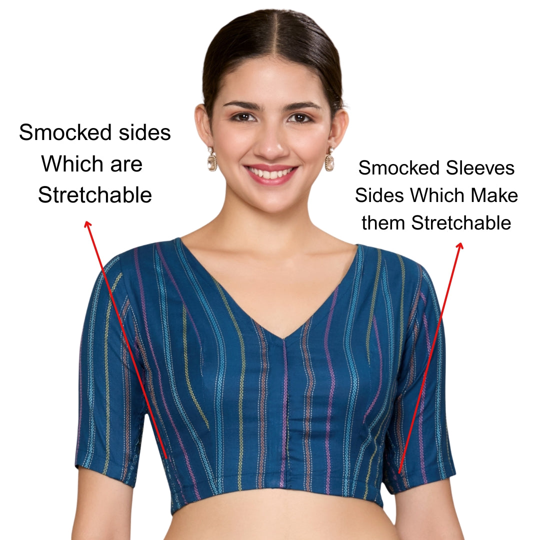 Studio Shringaar Women's Blue Cotton Handloom Stretchable (Smocked) Readymade Saree Blouse(Design 2869)