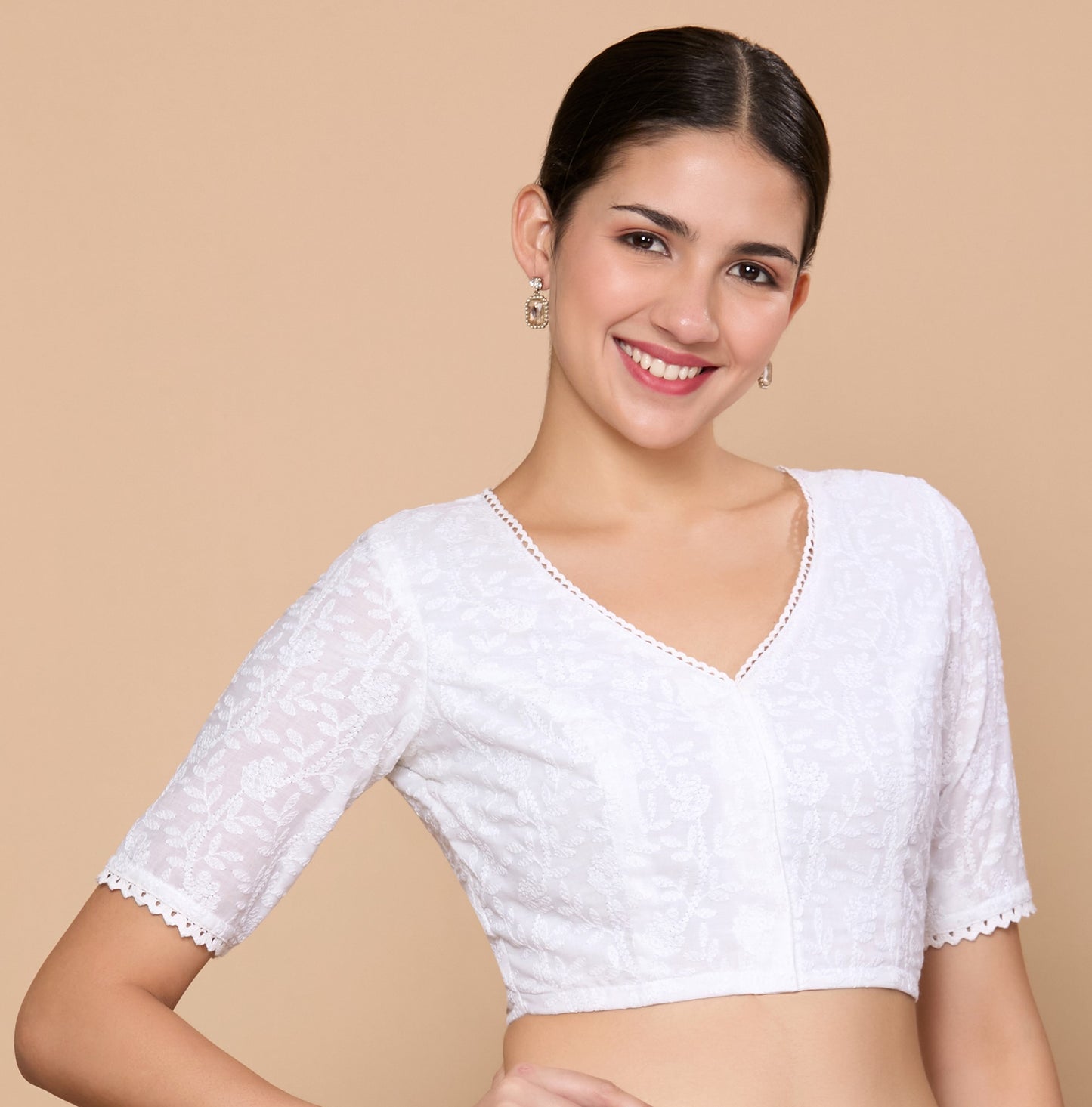 Studio Shringaar Women's White Summer Cotton Chikankari Saree Blouse (Design 2870)