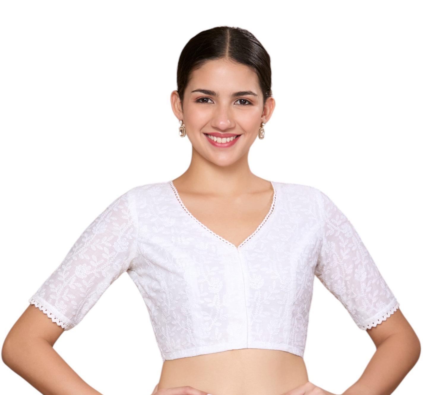 Studio Shringaar Women's White Summer Cotton Chikankari Saree Blouse (Design 2870)