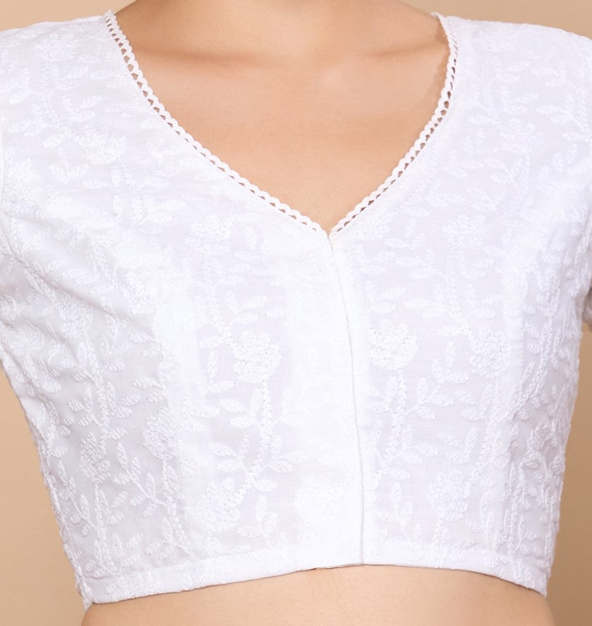 Studio Shringaar Women's White Summer Cotton Chikankari Saree Blouse (Design 2870)