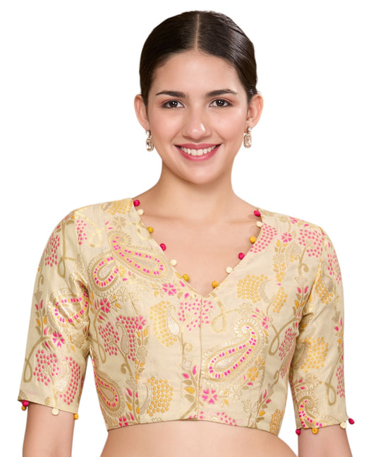 Studio Shringaar Women's Golden Silky Brocade V-Neck Readymade Saree Blouse (Design 2871)