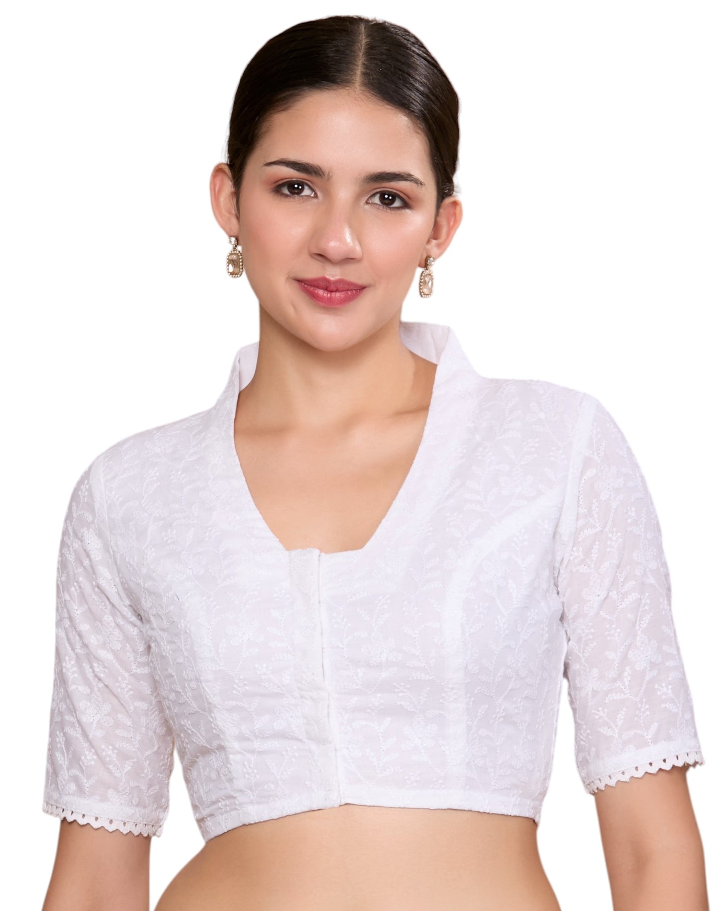 Studio Shringaar Women's White Lucknow Chikankari Saree Blouse with Crochet Edging (Design 2872)
