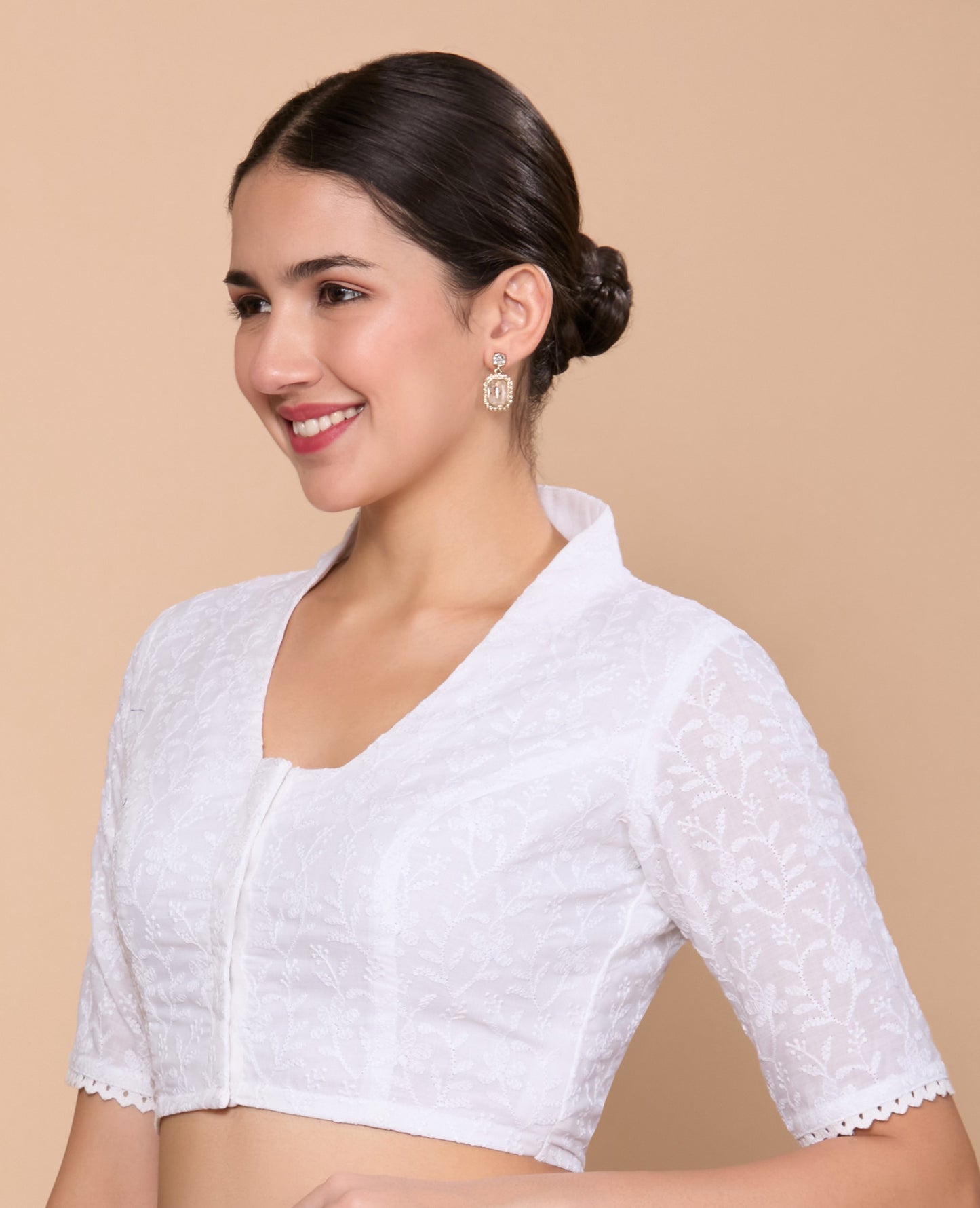 Studio Shringaar Women's White Lucknow Chikankari Saree Blouse with Crochet Edging (Design 2872)