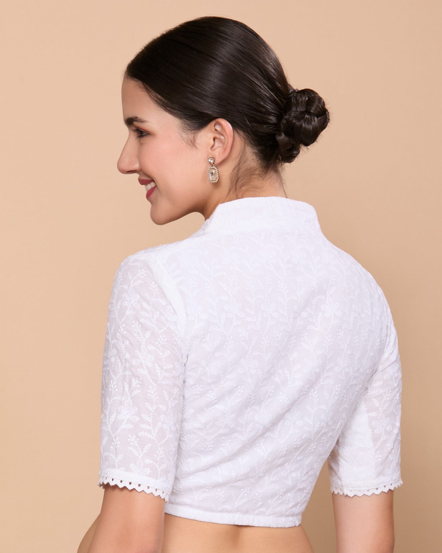 Studio Shringaar Women's White Lucknow Chikankari Saree Blouse with Crochet Edging (Design 2872)