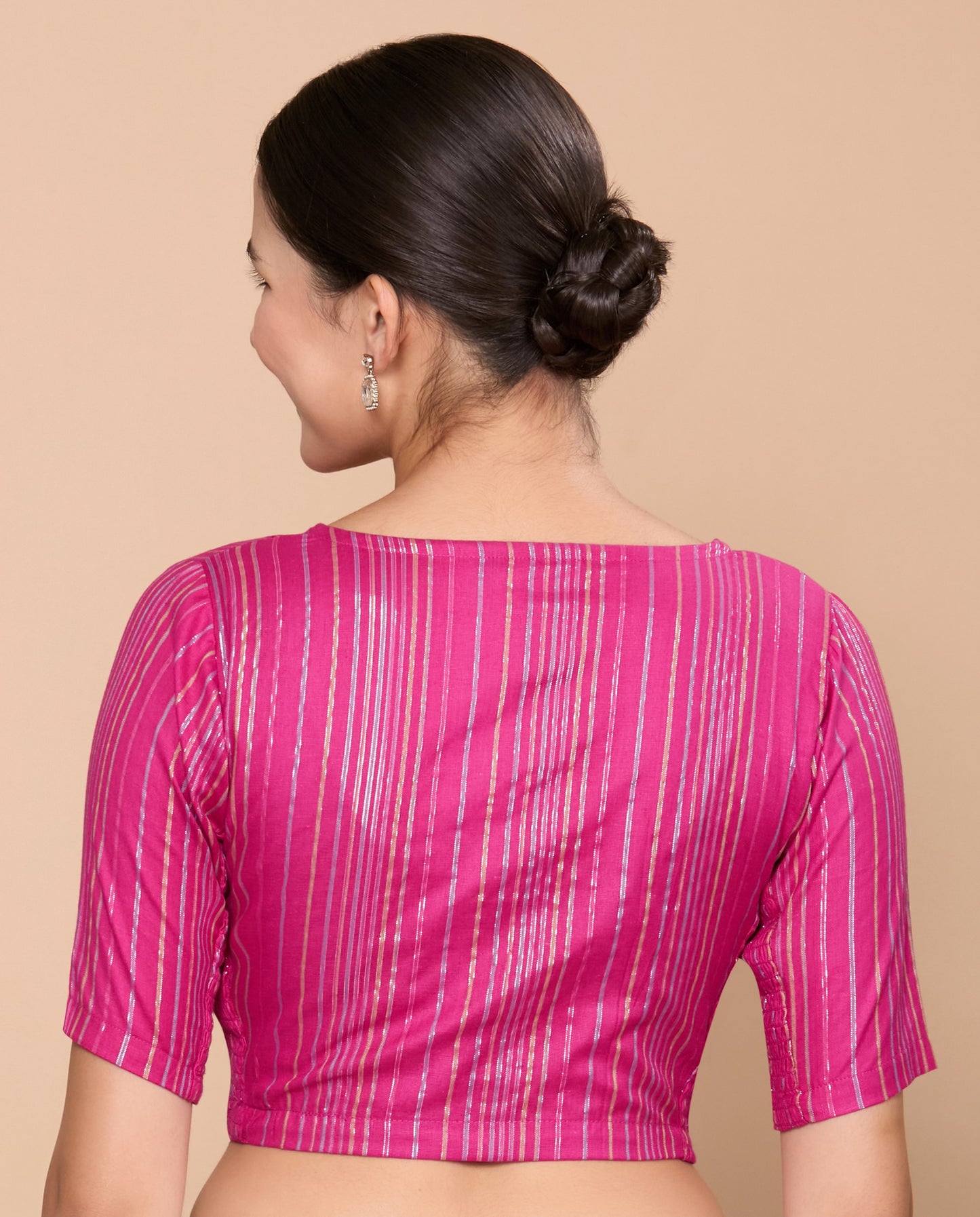 Studio Shringaar Women's Pink Cotton Handloom Striped Readymade Saree Blouse with Stretchable Sides(Design 2873)