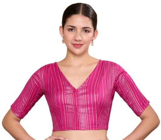 Studio Shringaar Women's Pink Cotton Handloom Striped Readymade Saree Blouse with Stretchable Sides(Design 2873)