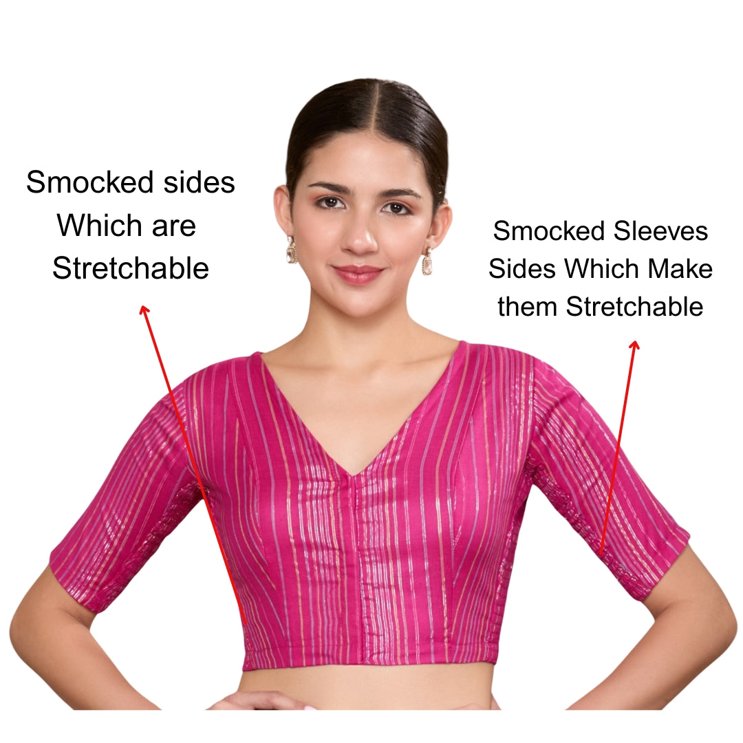 Studio Shringaar Women's Pink Cotton Handloom Striped Readymade Saree Blouse with Stretchable Sides(Design 2873)