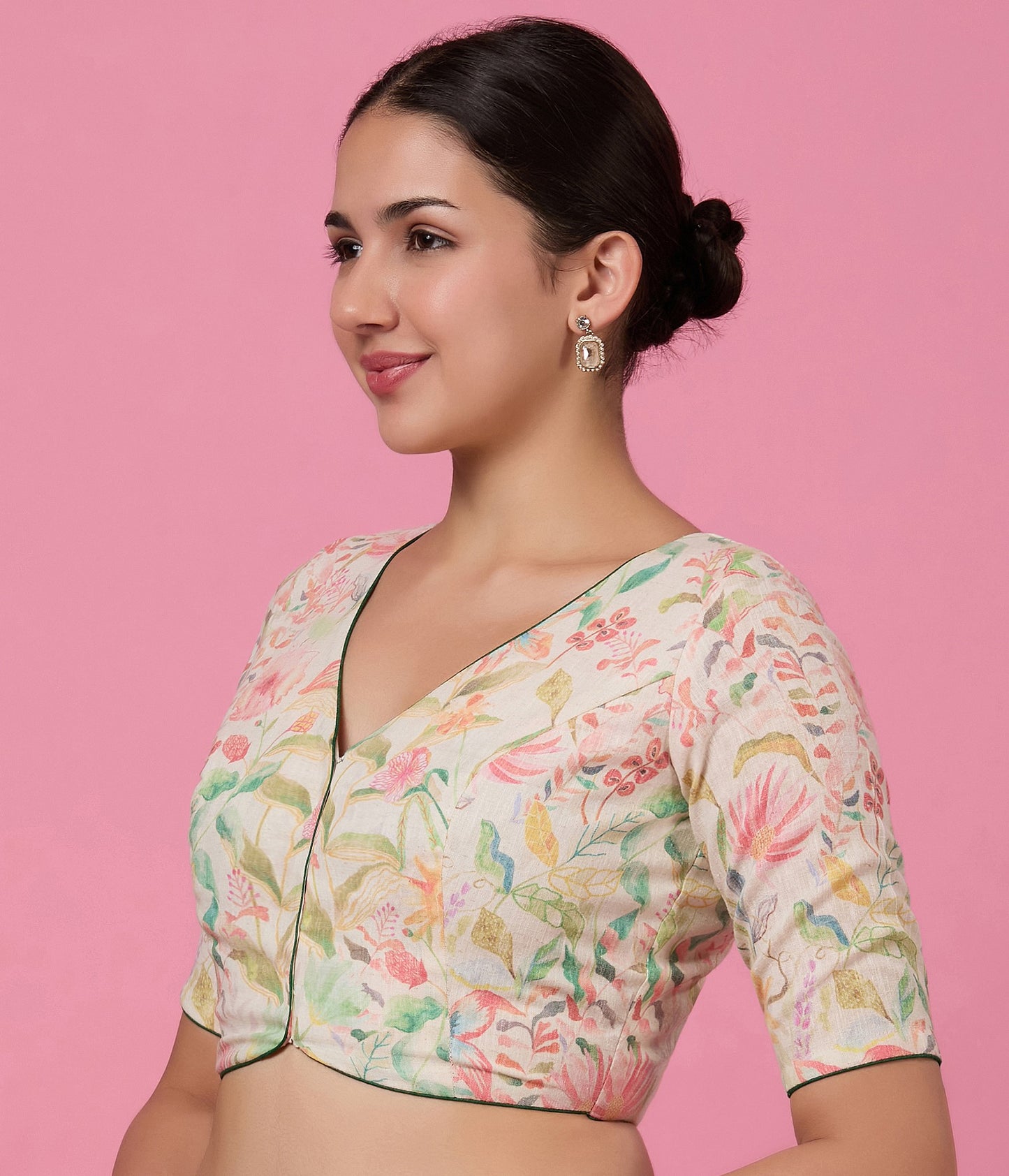 Studio Shringaar Women's Multicoloured Linen Printed Saree Blouse (Design 2875)