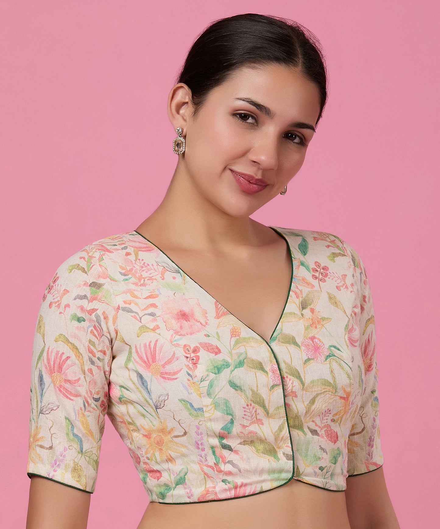 Studio Shringaar Women's Multicoloured Linen Printed Saree Blouse (Design 2875)