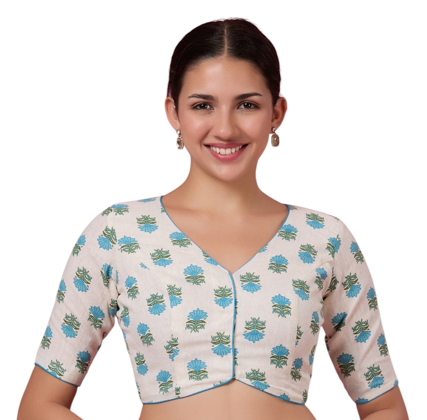 Studio Shringaar Women's Blue Natural Linen Printed Saree Blouse (Design 2876)