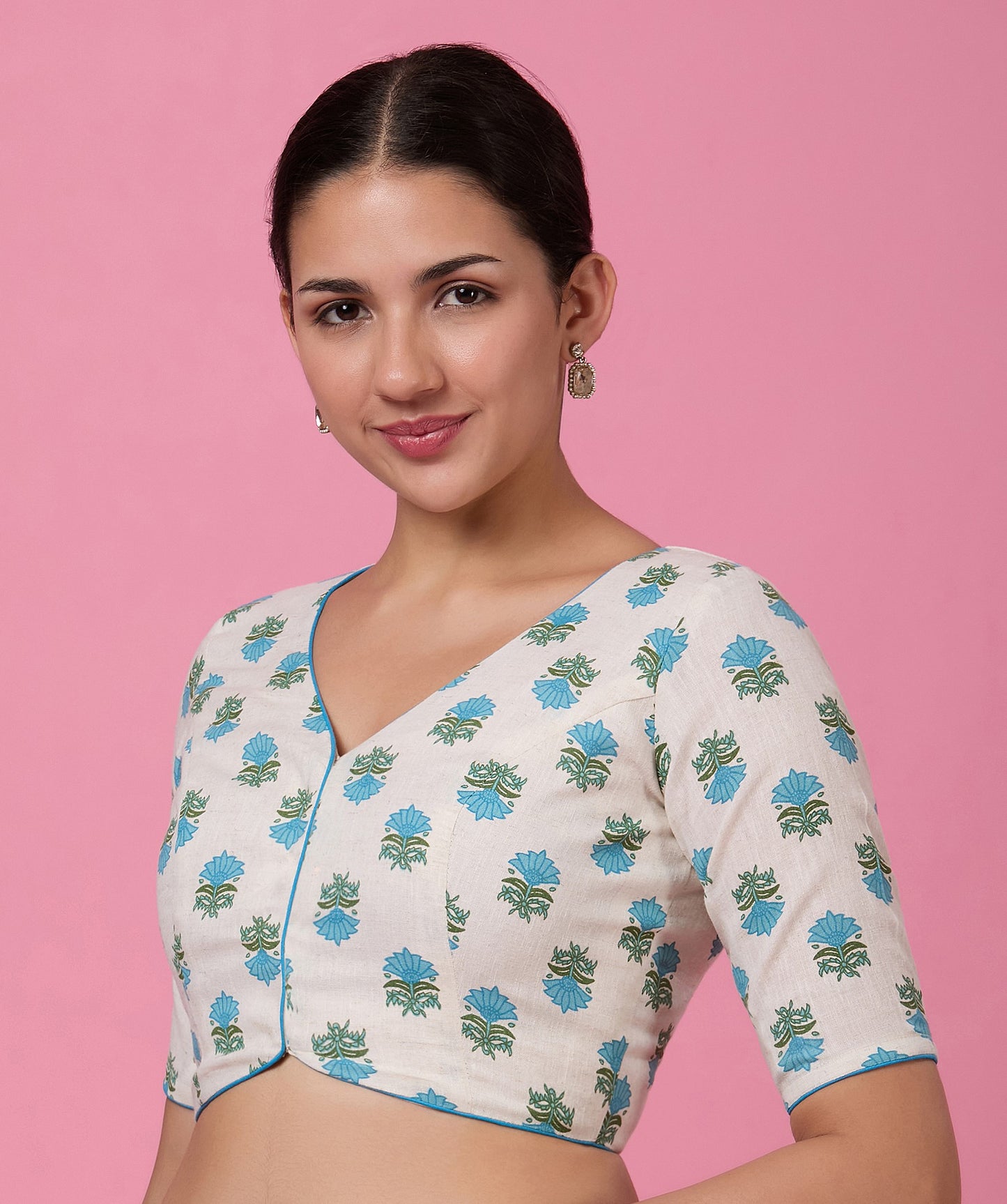 Studio Shringaar Women's Blue Natural Linen Printed Saree Blouse (Design 2876)