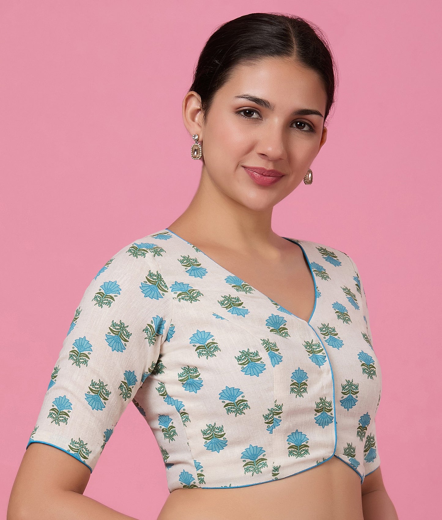 Studio Shringaar Women's Blue Natural Linen Printed Saree Blouse (Design 2876)