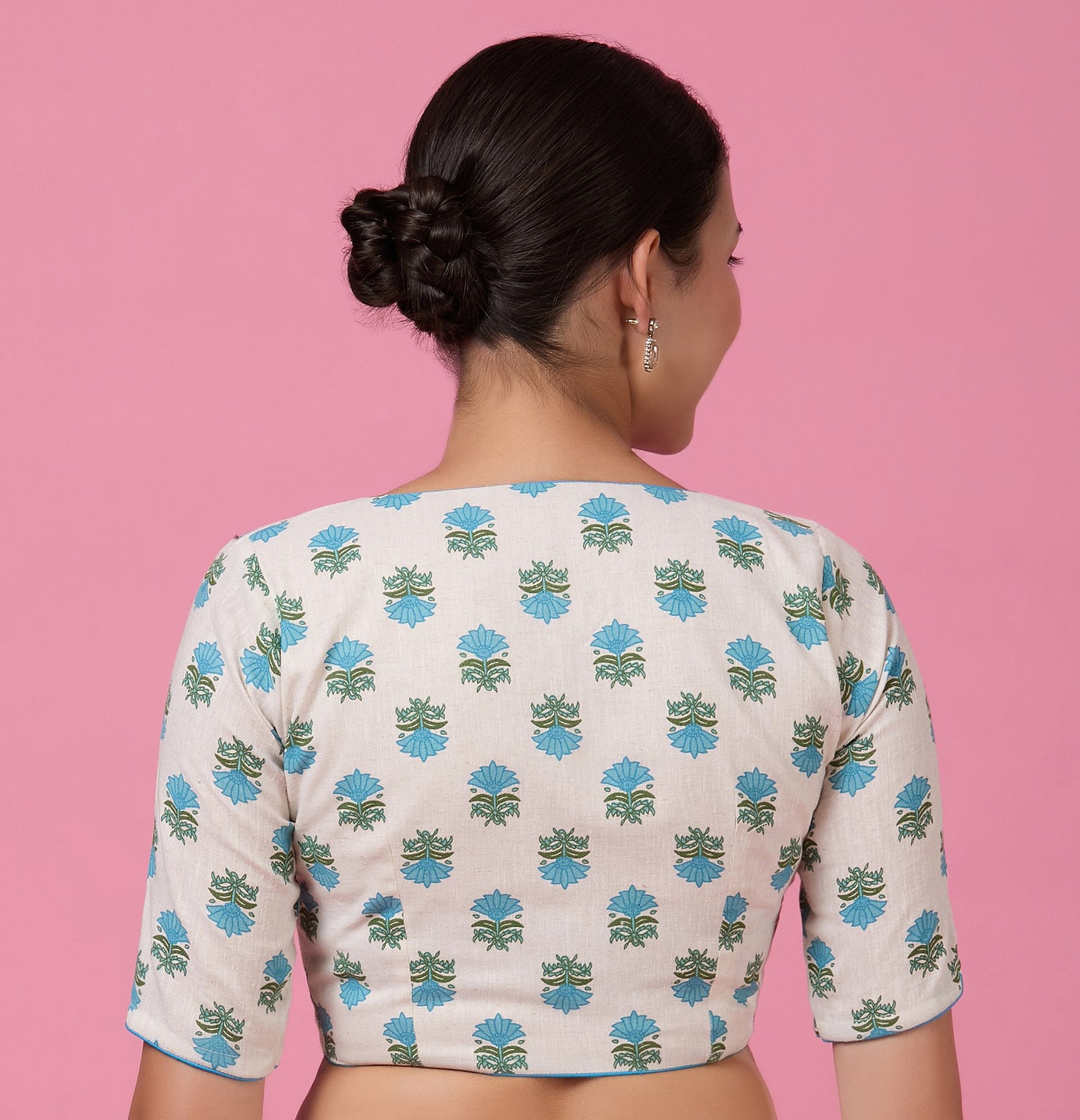 Studio Shringaar Women's Blue Natural Linen Printed Saree Blouse (Design 2876)