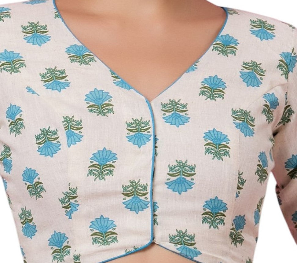 Studio Shringaar Women's Blue Natural Linen Printed Saree Blouse (Design 2876)