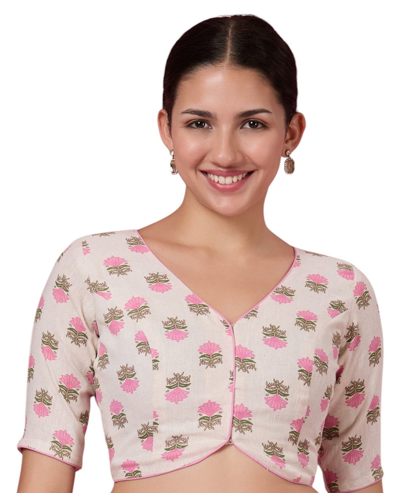 Studio Shringaar Women's Pink Natural Linen Printed Saree Blouse (Design 2876)