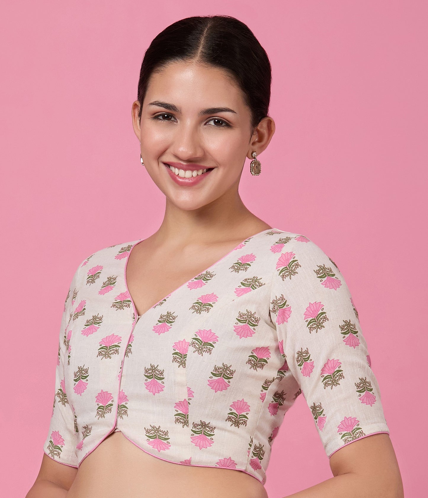 Studio Shringaar Women's Pink Natural Linen Printed Saree Blouse (Design 2876)