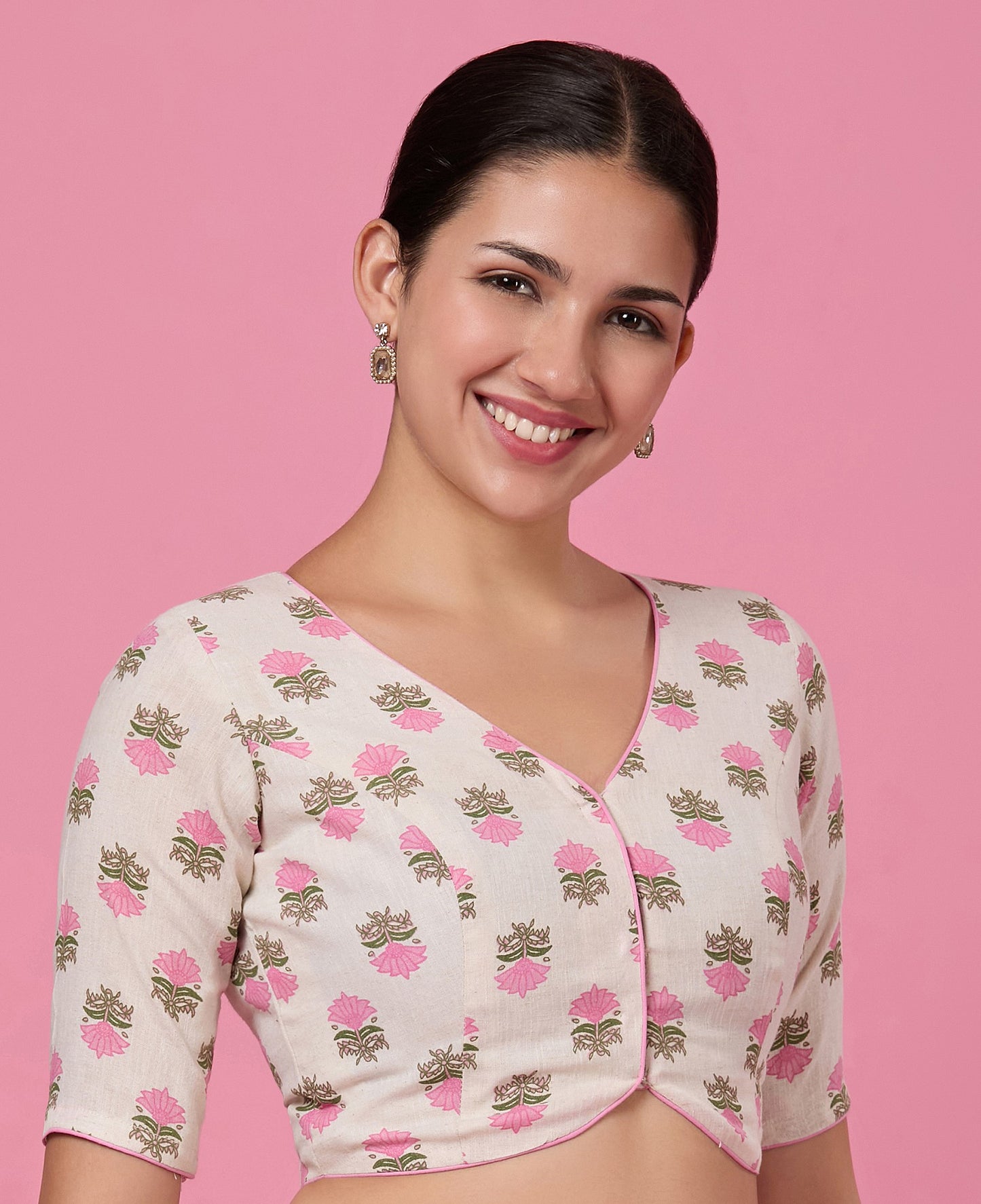 Studio Shringaar Women's Pink Natural Linen Printed Saree Blouse (Design 2876)