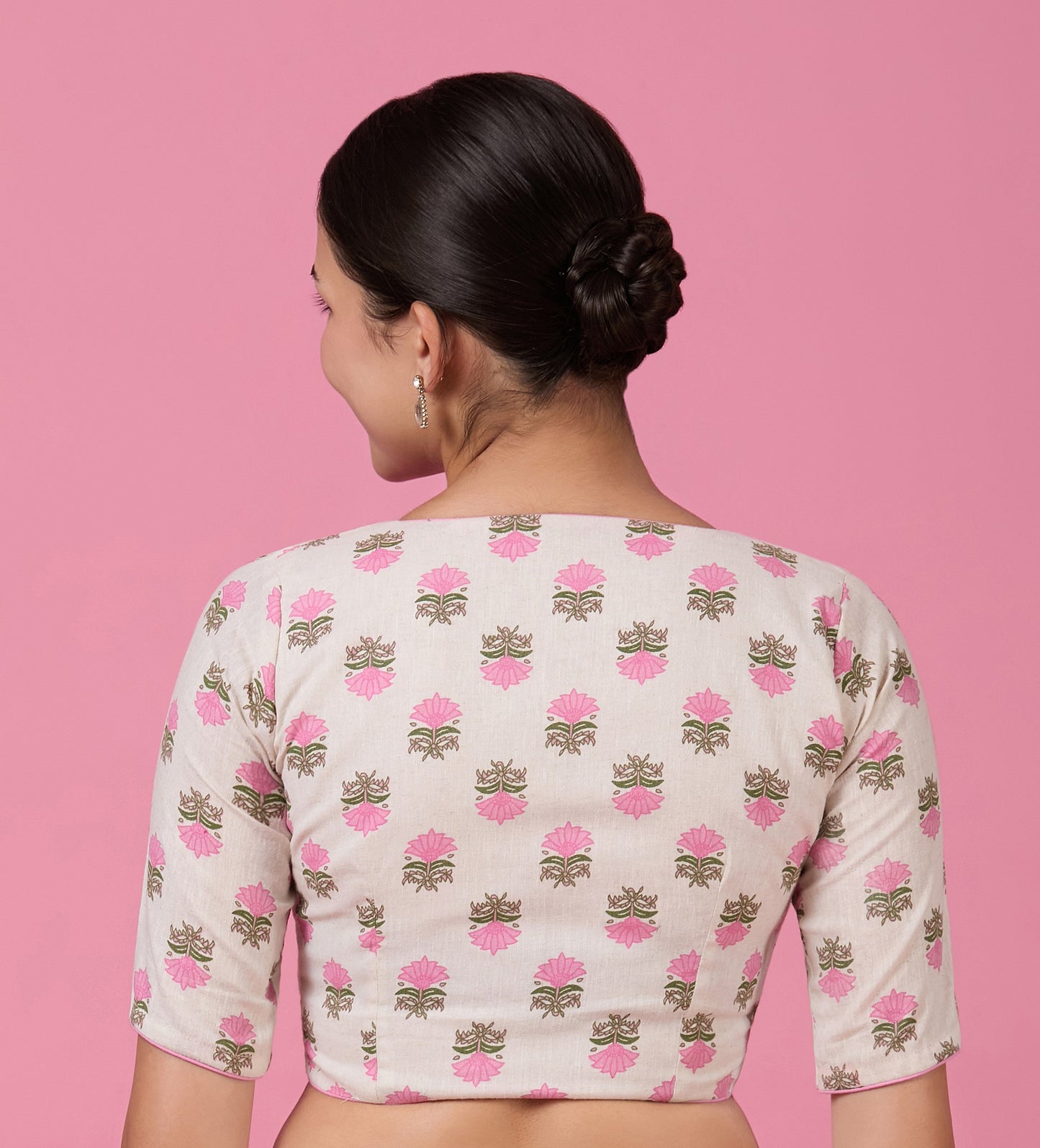 Studio Shringaar Women's Pink Natural Linen Printed Saree Blouse (Design 2876)