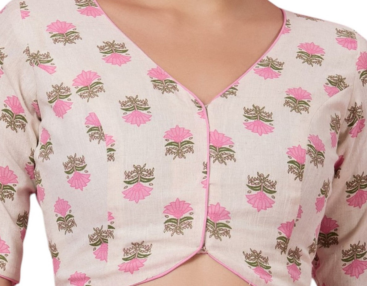 Studio Shringaar Women's Pink Natural Linen Printed Saree Blouse (Design 2876)