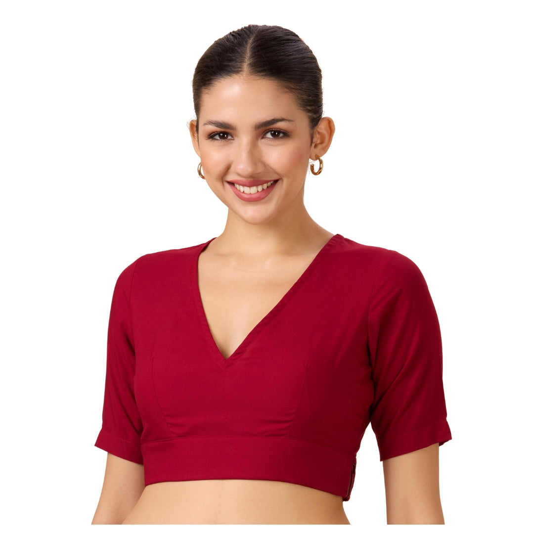 Studio Shringaar Women's Maroon Natural Rayon Solid Coloured Soft Readymade Saree Blouse (Design 2879)