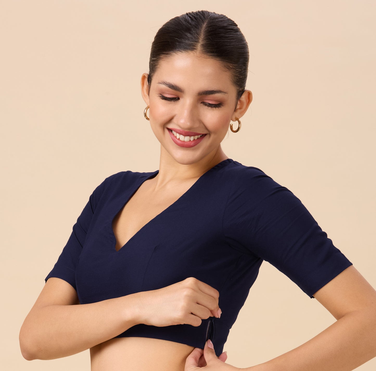 Studio Shringaar Women's Navy Blue Natural Rayon Solid Coloured Soft Readymade Saree Blouse (Design 2879)